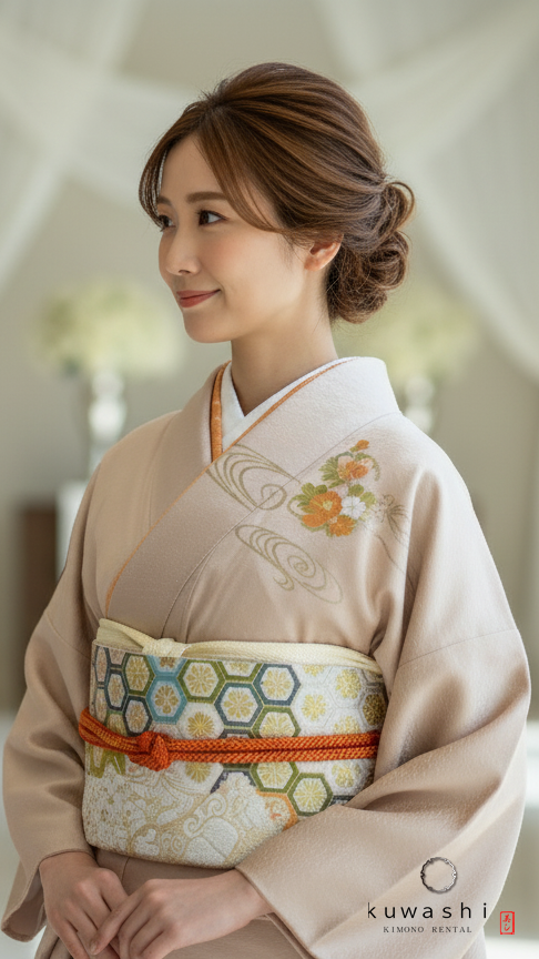 ラスターピンク刺繍金彩正絹訪問着 袋帯フルセット【レンタル　身長１５６ｃｍ～１７１ｃｍ】クワシ着物レンタル　品番２００１３