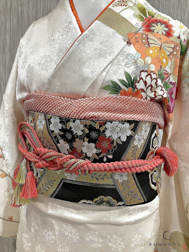 正絹振袖レンタル】 80003 パールホワイト花蝶地紋正絹振袖袋帯