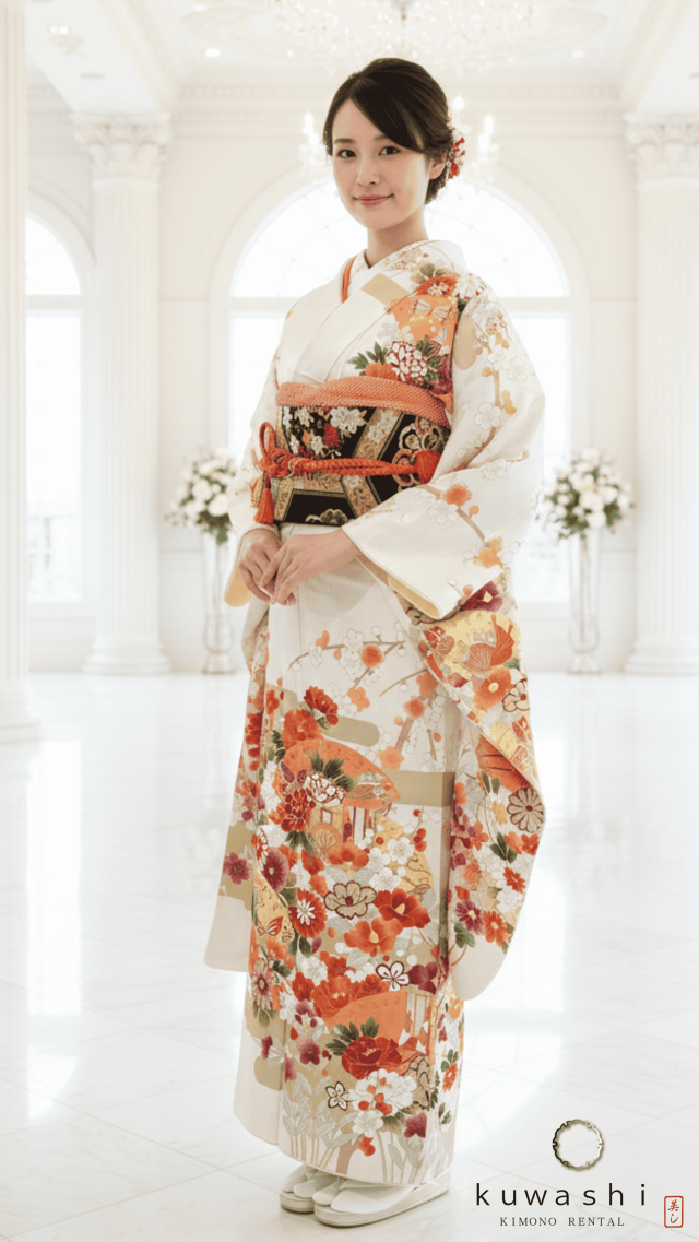 正絹振袖レンタル パールホワイト花蝶地紋正絹振袖袋帯セット 身長１５０cm～１７０cm 品番８０００３