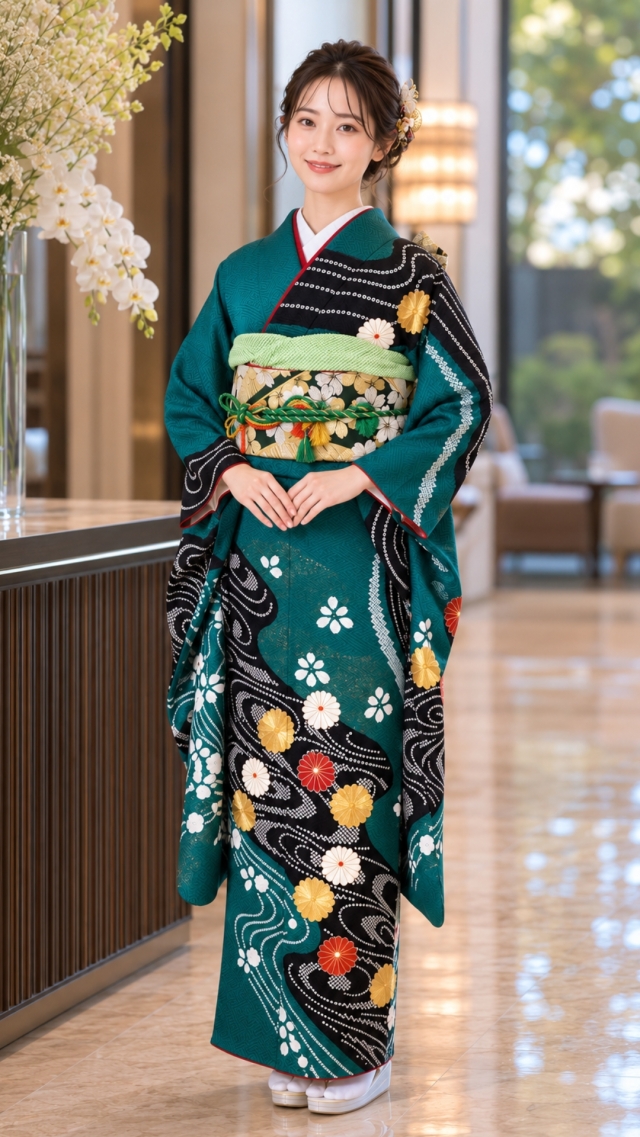 正絹振袖レンタル】 80004 グリーン／ブラック流水柄絞り刺繍正絹