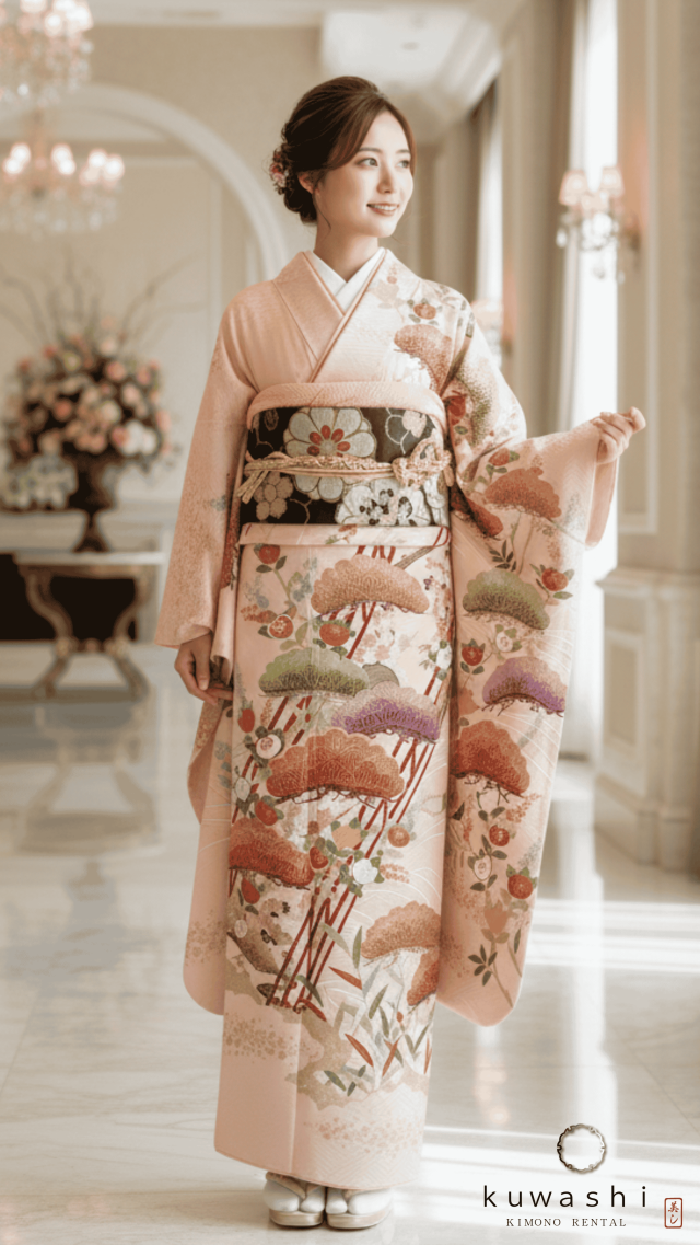 正絹振袖レンタル シェルピンク松橘地紋正絹振袖袋帯セット 身長１５０ｃｍ～１７０ｃｍ 品番８０００５