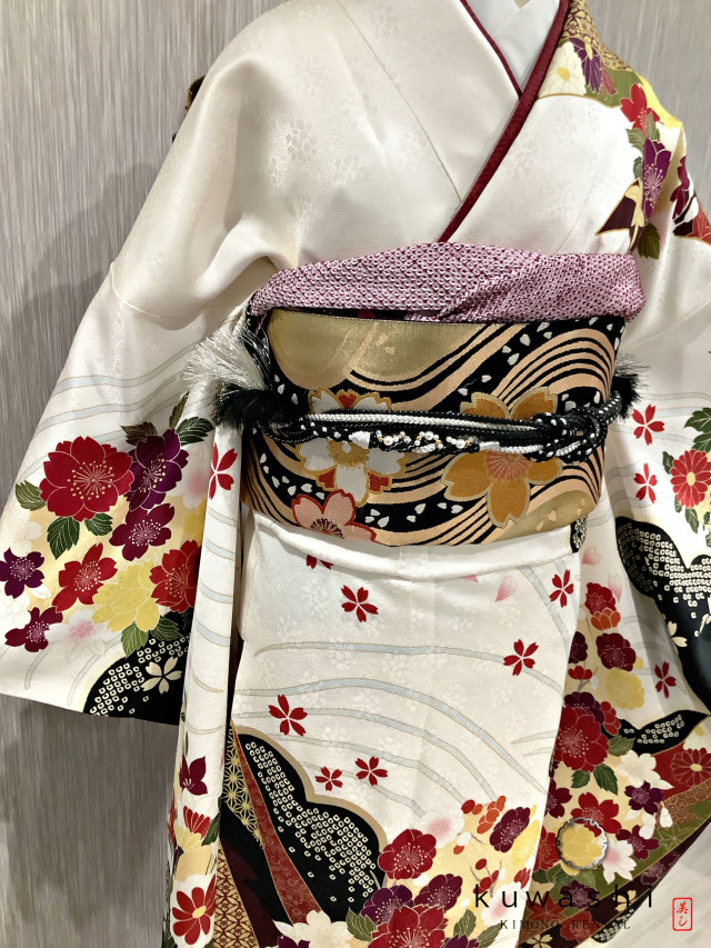 正絹振袖レンタル】 80006 ホワイト吉祥桜正絹振袖袋帯セット