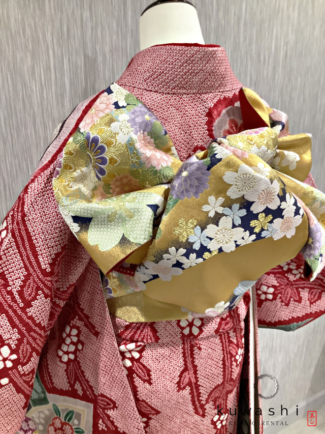 振袖・袋帯2点セット　着物　総絞り 正絹振袖レンタル】 80008 ルビーレッド総絞り正絹振袖袋帯