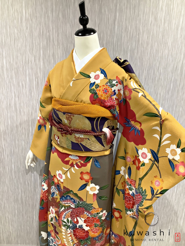 正絹振袖レンタル】 80009 からし色紅型正絹振袖袋帯セット