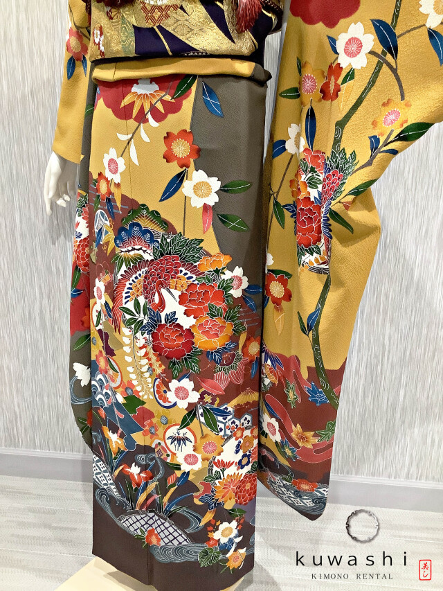 正絹振袖レンタル】 80009 からし色紅型正絹振袖袋帯セット