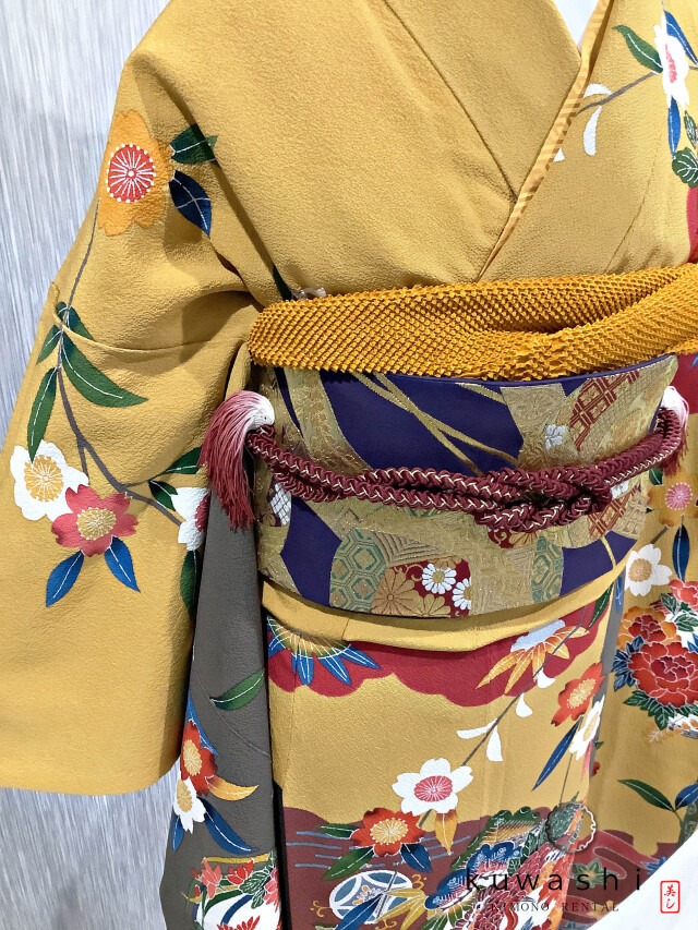 正絹振袖レンタル】 80009 からし色紅型正絹振袖袋帯セット