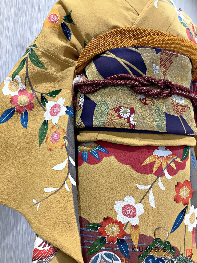 正絹振袖レンタル】 80009 からし色紅型正絹振袖袋帯セット