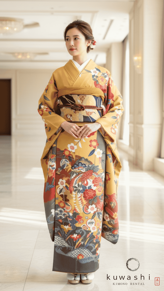 正絹振袖レンタル からし色紅型正絹振袖袋帯セット 身長１５７ｃｍ～１７７ｃｍ 品番８０００９