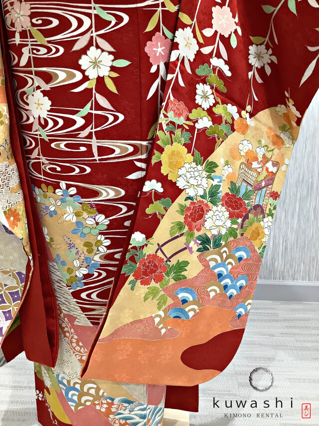 美品 正絹無地振袖 3点セット 飾り紋入り 金彩袋帯 成人式 結婚式 M〜L 正絹振袖レンタル】 80012 赤地熨斗目に御所車正絹振袖袋帯セット