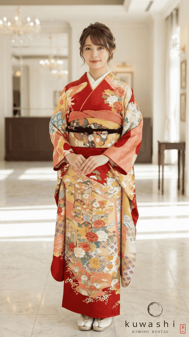 正絹振袖レンタル 赤地熨斗目に御所車正絹振袖袋帯セット 身長１４７ｃｍ～１６７ｃｍ 品番８００１２