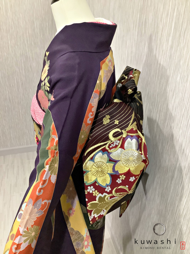 正絹振袖レンタル】 80013 深紫熨斗目彩花正絹振袖袋帯セット