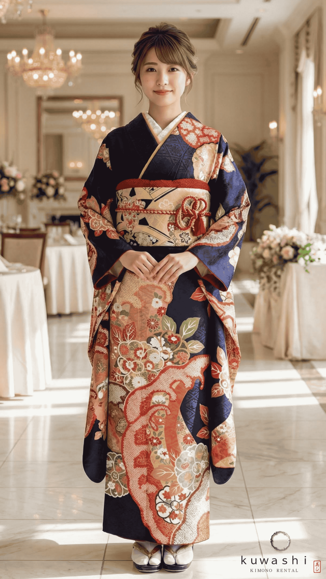 正絹振袖レンタル 紺地絞り波地紋正絹振袖袋帯セット 身長１５５ｃｍ～１７５ｃｍ 品番８００１４