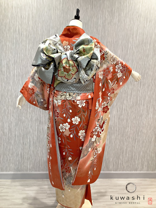 振袖 身長152-167cm オレンジ 正絹 紺 オレンジ花・流水柄 正絹振袖【148】 – SAKURA TOKYO