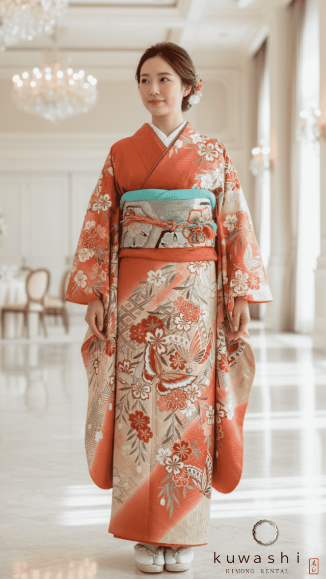 振袖 身長157-172cm オレンジ　薔薇　正絹 振袖 身長159-174cm 黒ピンク赤薔薇正絹