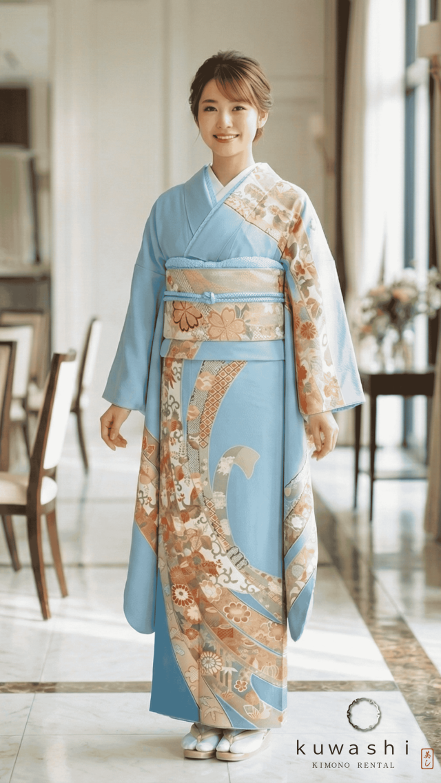 正絹振袖レンタル セレストブルー吉祥束ね熨斗正絹振袖袋帯セット 身長１５８ｃｍ～１７８ｃｍ 品番８００１６