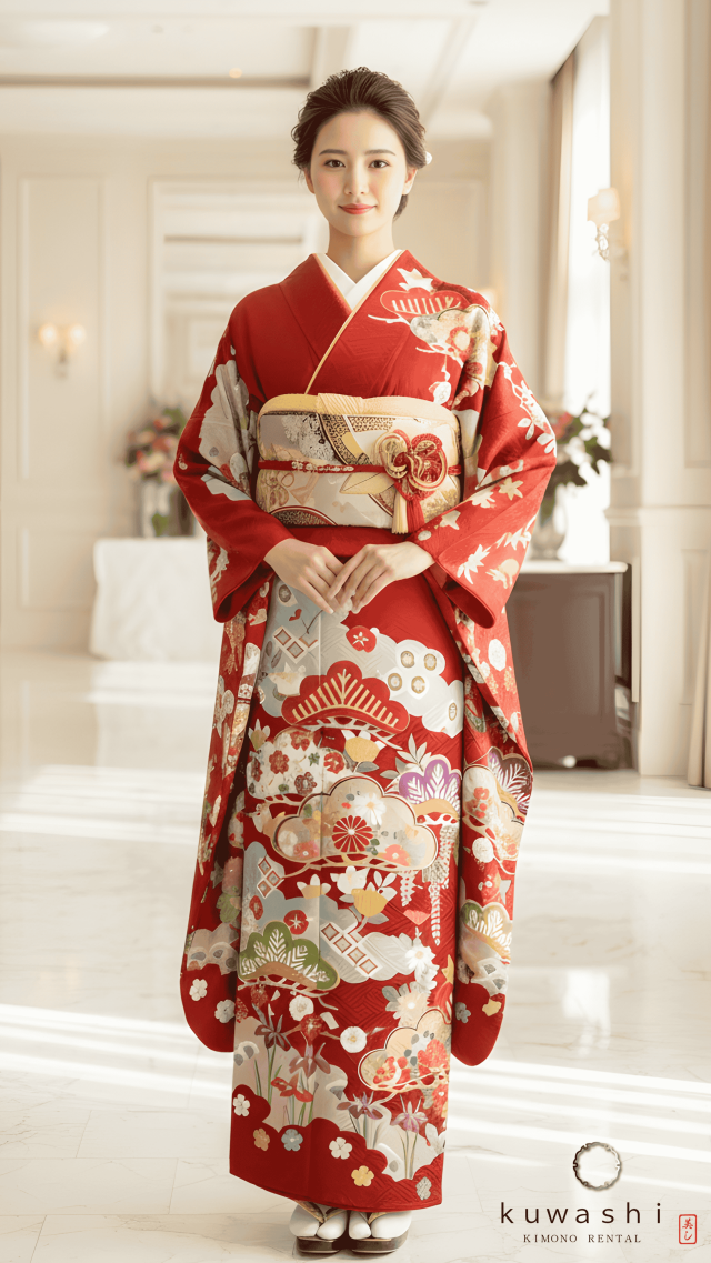 正絹振袖レンタル パーシアンレッド雲取り地紋正絹振袖袋帯セット 身長１５９ｃｍ～１７９ｃｍ 品番８００１８
