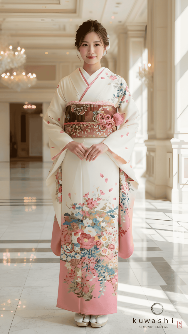 正絹振袖レンタル ホワイト／ピンク扇面四季花正絹振袖袋帯セット 身長１５１ｃｍ～１７１ｃｍ 品番８００１９