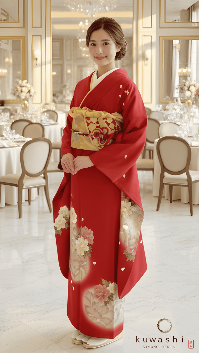 正絹振袖レンタル 茜色銀通糸牡丹正絹振袖袋帯セット 身長１５６ｃｍ～１７６ｃｍ 品番８００２０