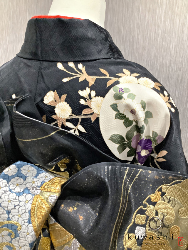正絹振袖レンタル】 80021 ブラックパール丸紋四季花正絹振袖袋帯