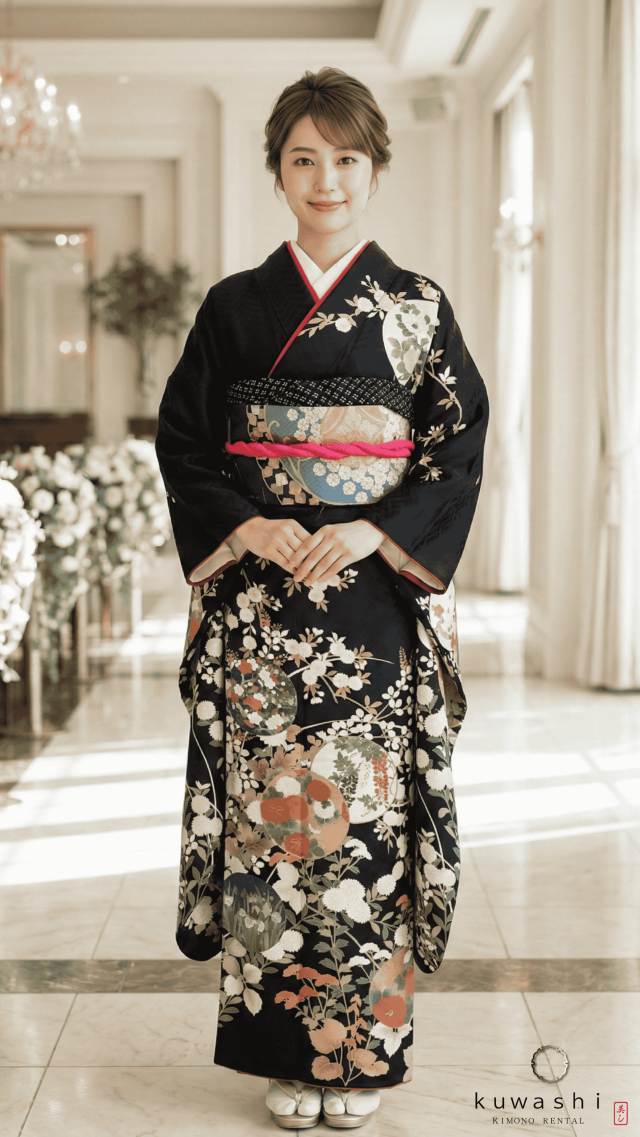 正絹振袖レンタル ブラックパール丸紋四季花正絹振袖袋帯セット 身長１５６ｃｍ～１７６ｃｍ 品番８００２１