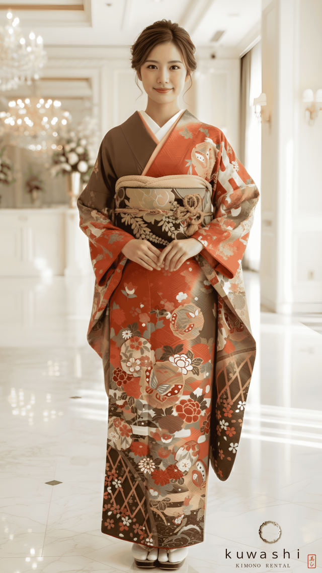 正絹振袖レンタル テラコッタオレンジ芍薬蝶正絹振袖袋帯セット 身長１４４ｃｍ～１６４ｃｍ 品番８００２２