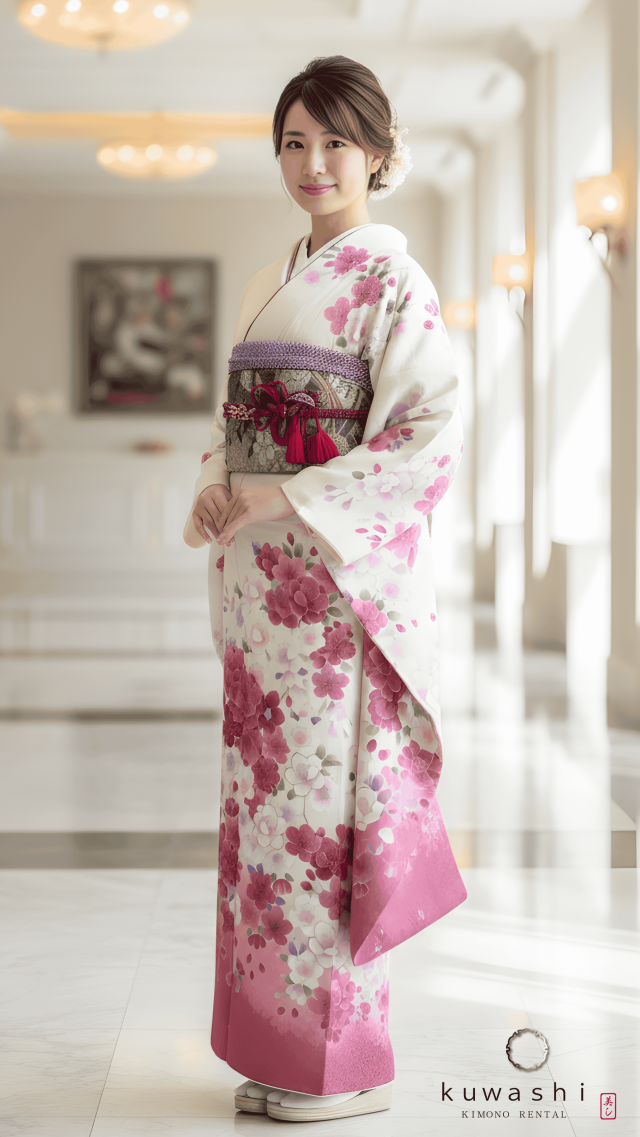正絹振袖レンタル ホワイト／チェリーピンク枝垂れ桜正絹振袖袋帯セット 身長１４９ｃｍ～１６９ｃｍ 品番８００２３