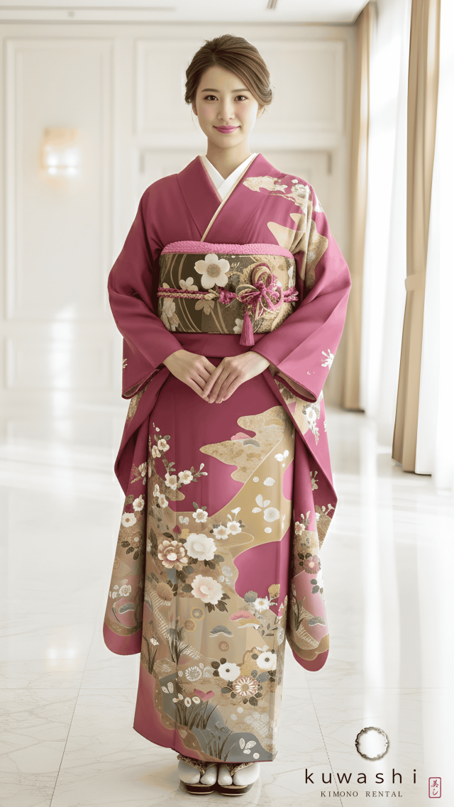 正絹振袖レンタル ローズレッド正絹振袖袋帯セット 身長１５８ｃｍ～１７８ｃｍ 品番８００２４