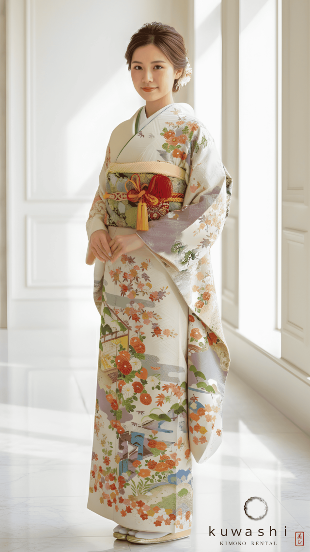正絹振袖レンタル 白地古典柄四季庭園正絹振袖袋帯セット 身長１５０ｃｍ～１７０ｃｍ 品番８００２５