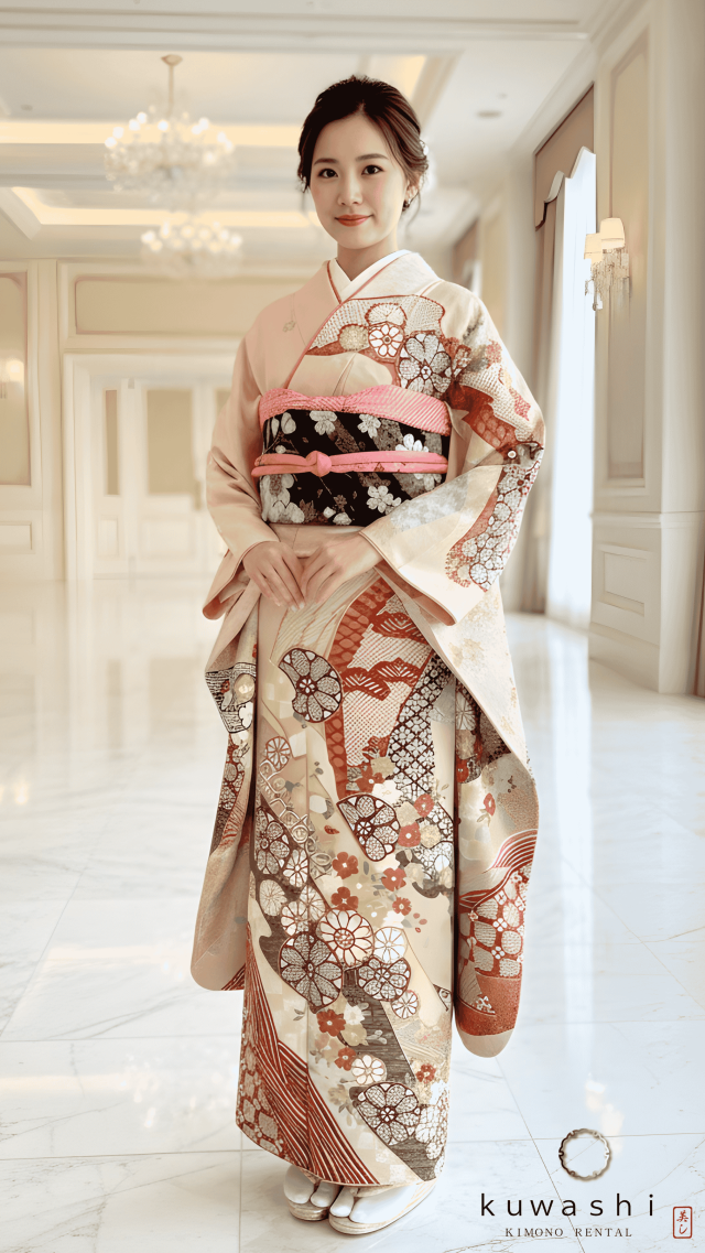 正絹振袖レンタル ペールピンク疋田吉祥柄正絹振袖袋帯セット 身長１５４ｃｍ～１７４ｃｍ 品番８００２６