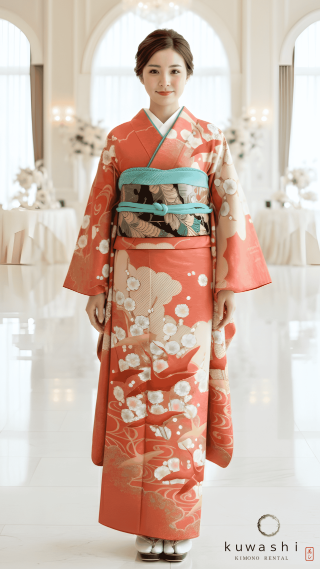 正絹振袖レンタル 朱赤地光琳鶴に梅正絹振袖袋帯セット 身長１５３ｃｍ～１７３ｃｍ 品番８００２７