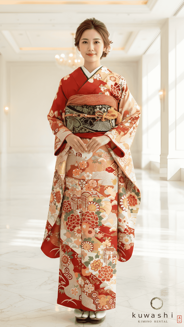 正絹振袖レンタル 赤地金箔貝桶花正絹振袖袋帯セット 身長１５７ｃｍ～１７７ｃｍ 品番８００２８