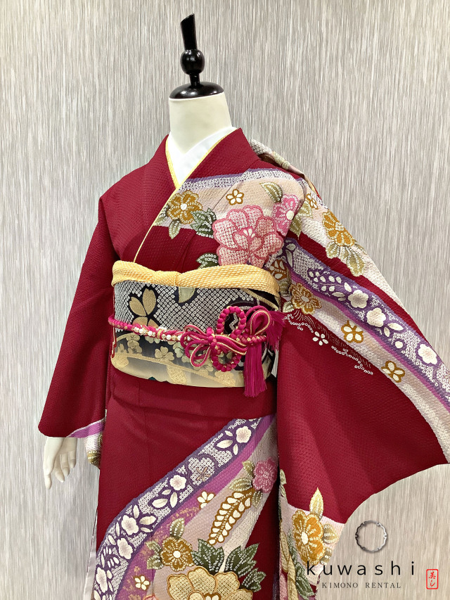 正絹振袖レンタル】 80029 赤紫地に絞りモダン花正絹振袖袋帯