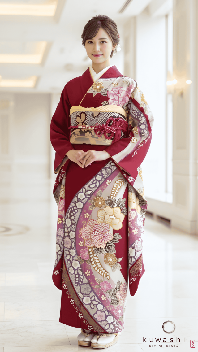 正絹振袖レンタル 赤紫地に絞りモダン花正絹振袖袋帯セット 身長１５２ｃｍ～１７２ｃｍ 品番８００２９