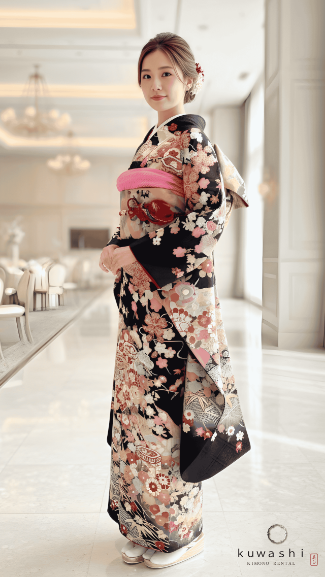 正絹振袖レンタル 黒地貝桶花流水正絹振袖袋帯セット 身長１５０ｃｍ～１７０ｃｍ 品番８００３０