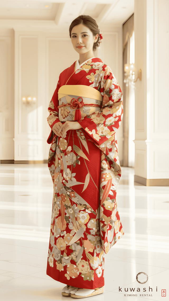 正絹振袖レンタル 深紅地紋様笹花正絹振袖袋帯セット 身長１５４ｃｍ～１７４ｃｍ 品番８００３１