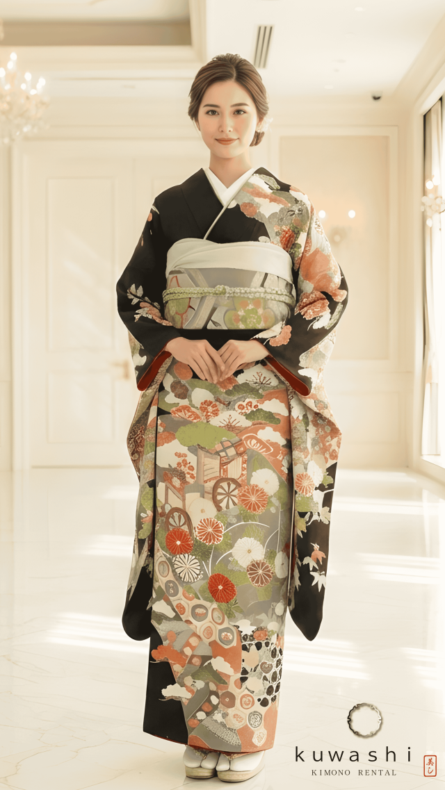 正絹振袖レンタル 黒地吉祥四季花御所車正絹振袖袋帯セット 身長１５７ｃｍ～１７７ｃｍ 品番８００３４