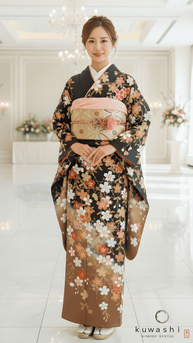 正絹振袖レンタル ブラック/ブロンズ桜柄正絹振袖袋帯セット 身長１４８ｃｍ～１６８ｃｍ 品番８００３５