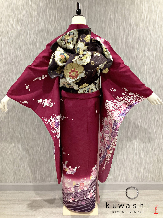 正絹振袖レンタル】 80036 ワインレッド地紋桜柄正絹振袖袋帯