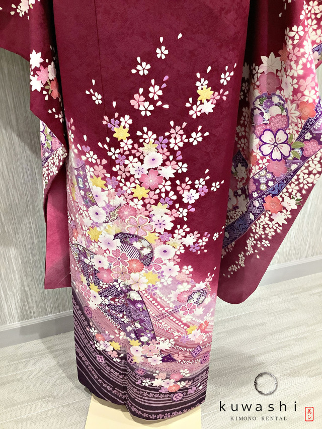 正絹振袖レンタル】 80036 ワインレッド地紋桜柄正絹振袖袋帯