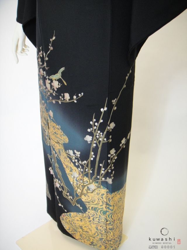 正絹黒留袖レンタル】 90001 金彩梅流水黒留袖袋帯セット 【身長