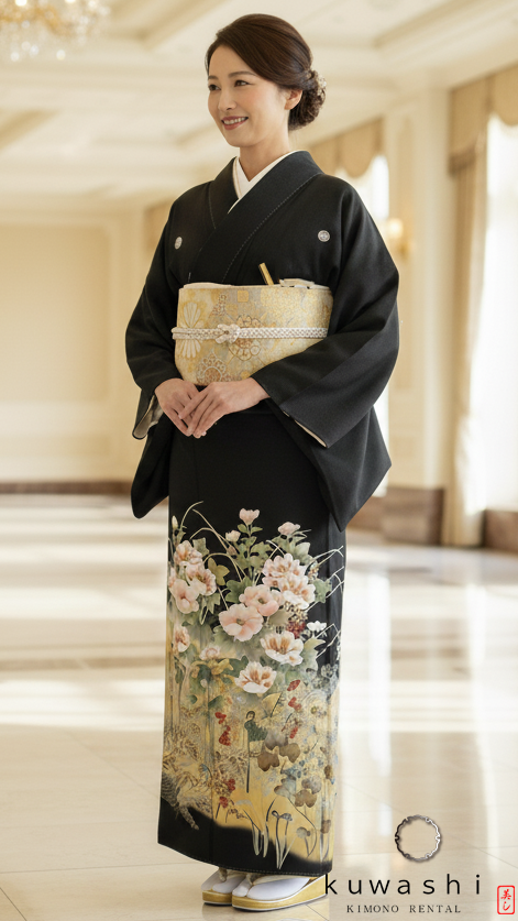 クワシ着物レンタル　百花金箔黒留袖袋帯セット