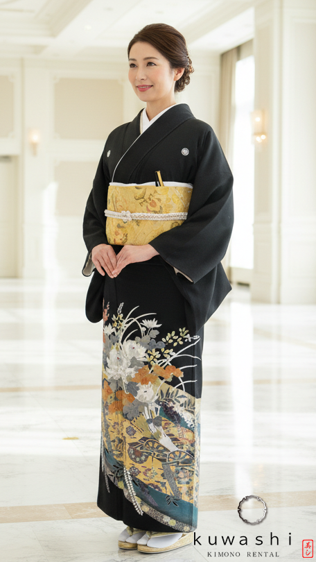 クワシ着物レンタル　正倉院相良刺繍黒留袖袋帯セット