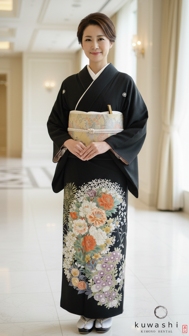 クワシ着物レンタル　四季花友禅黒留袖袋帯セット