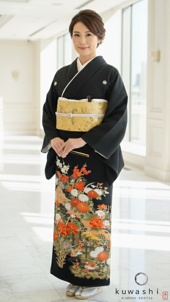 クワシ着物レンタル　紅白金彩鴛鴦黒留袖袋帯セット