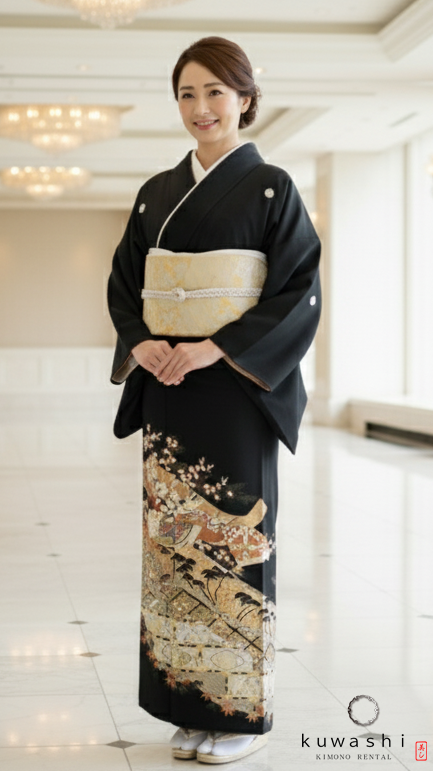 クワシ着物レンタル　刺繍吉祥柄黒留袖袋帯セット