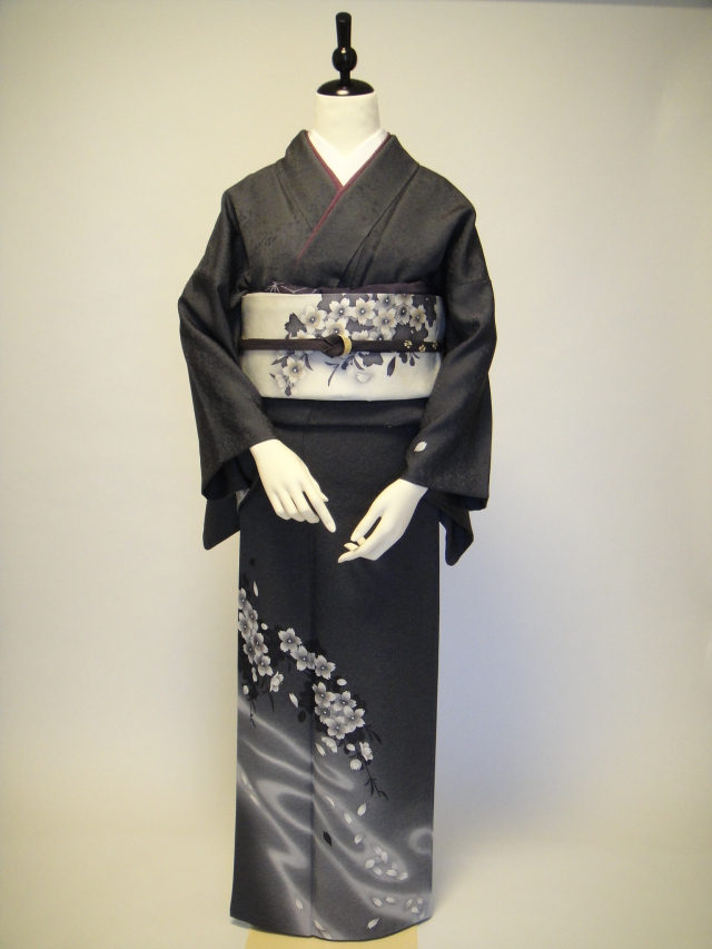 正絹訪問着レンタル】10011 墨桜流水正絹訪問着 共染袋帯フル