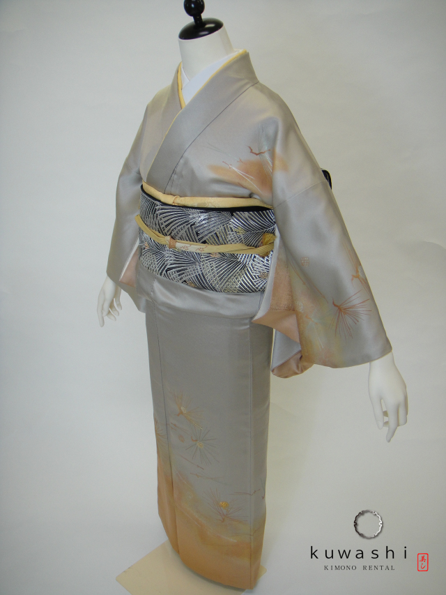 正絹訪問レンタル】 10027 グレーシルバー／金彩一つ紋正絹訪問着