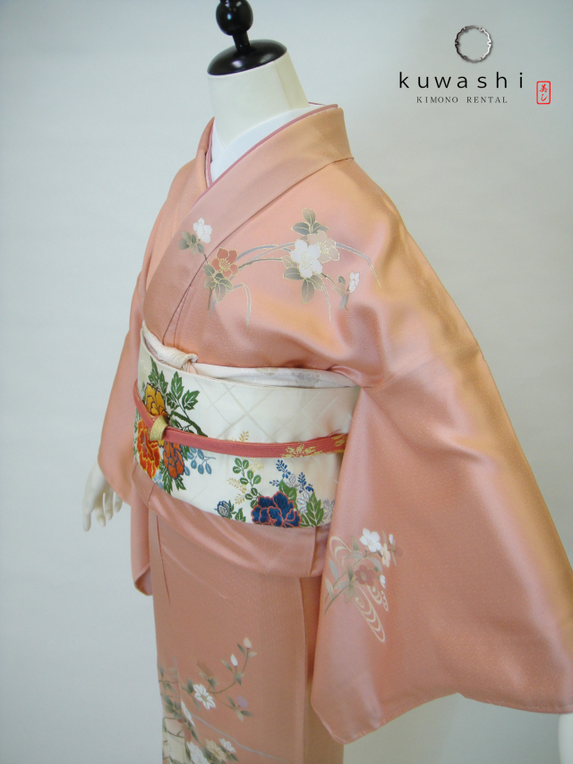 正絹 着物 正絹訪問着レンタル】 10019 コーラルピンク地紋正絹訪問着袋帯
