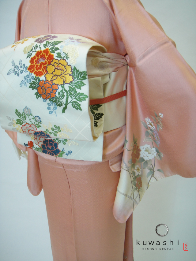 正絹訪問着レンタル】 10019 コーラルピンク地紋正絹訪問着袋帯