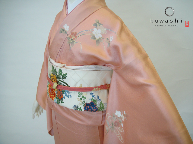 美品＊美色】やわらかコーラルの訪問着 トールサイズ 正絹 袋帯 美品